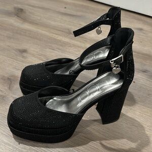 Sugar Black Embellished Mary Jane Style Pumps w/Chunky Heels, Size 8M